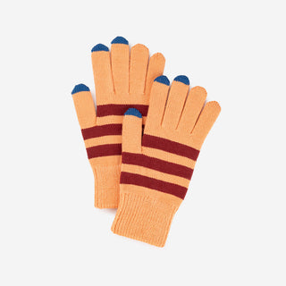 Pair of orange gloves with brown stripes and blue tips on a white background