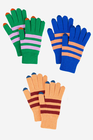 Three pairs of colorful striped gloves on a white background