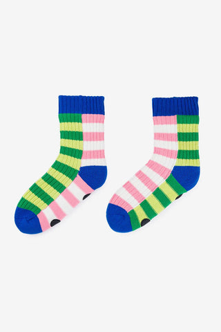 Pair of colorful striped socks on a white background