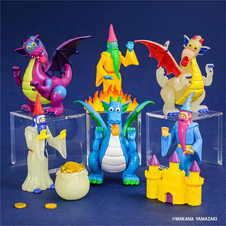 Colorful toy figures of dragons and wizards on a blue background