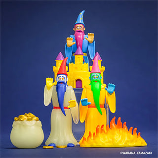 Colorful figurines of wizards with a castle on a blue background