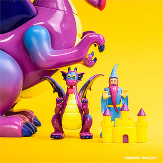 Colorful toy dragon and wizard with a small castle on a yellow background