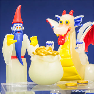One toy wizard and one dragon with a pot of gold in front on a blue background.