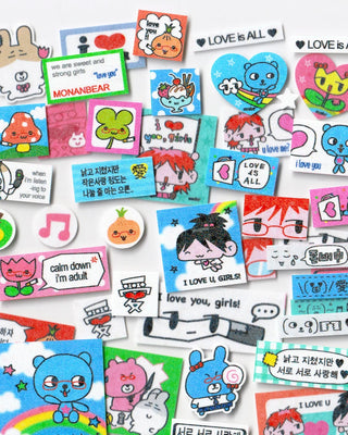 Assorted MONANBEAR cartoon character stickers with love icons and hearts, various shapes