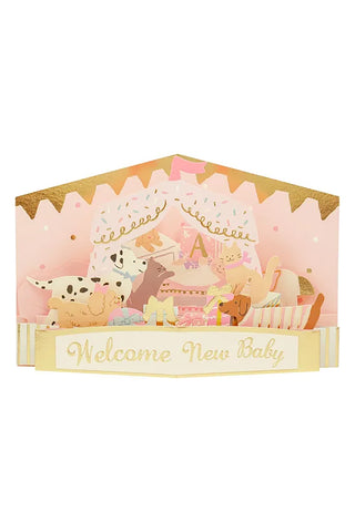 Pop up card of animals surrounding baby