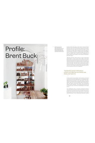 Magazine layout with a profile section on Brent Buck, featuring a room with shelves and plants.