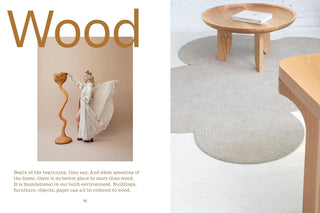 Wooden table and lamp with text on a neutral background