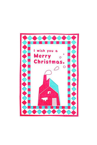 Christmas card with a pink house illustration and 'I wish you a Merry Christmas' text on a white background.