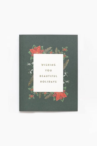 Greeting card with floral design and text 'Wishing you beautiful holidays' on a green background