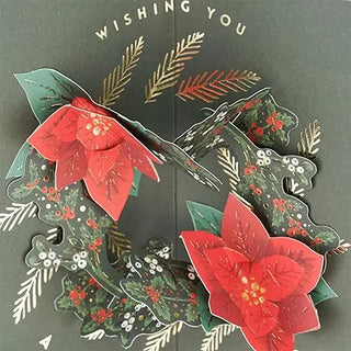 Decorative greeting card with red poinsettias and green leaves on a dark background.