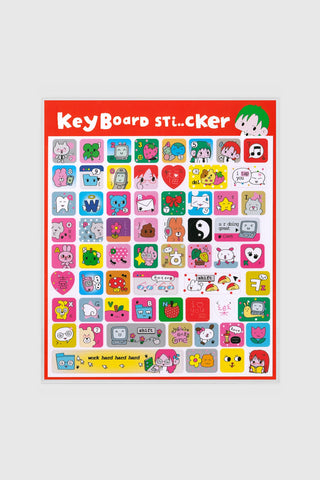 Sheet of colorful stickers with various designs on a red border