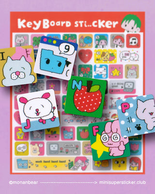 Keyboard stickers with cartoon designs on a colorful background