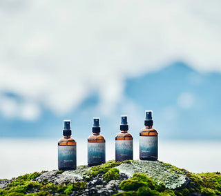 Four brown bottles with blue labels on a mossy rock with a mountainous background