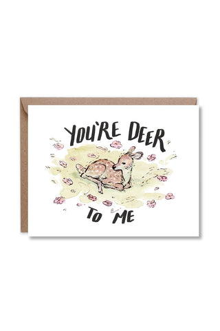 greeting card with a kraft envelope, featuring a watercolor illustration of a fawn with the text 'YOU'RE DEER TO ME' 