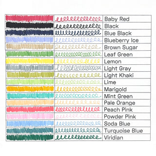 Color swatch chart with various colored lines labeled from top to bottom.