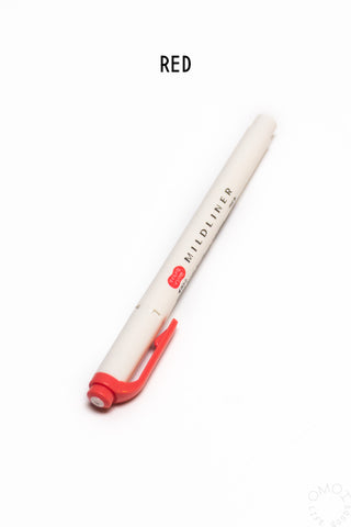 White pen with red accents on a white background