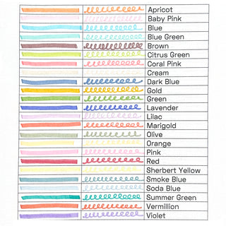 Color swatches with labels for a set of markers or pens.