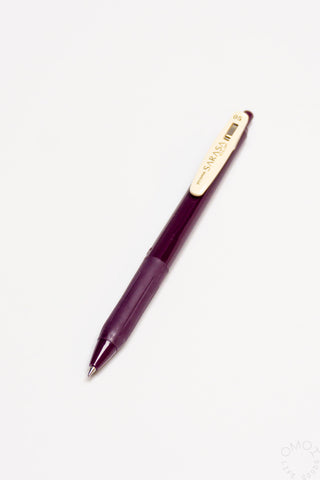 Purple pen with white accents on a white background