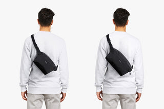 Person wearing a black crossbody bag from behind to show size comparison on a white background