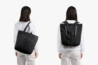 Person wearing a black bellroy tote pack from different angles on a white background