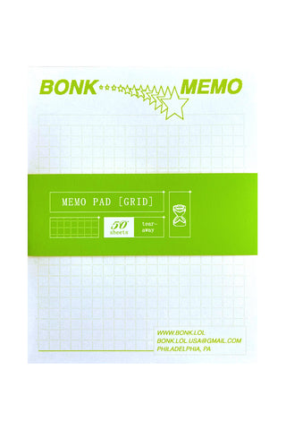 Memo pad with green grid pattern and 'Bonk' branding on a white background