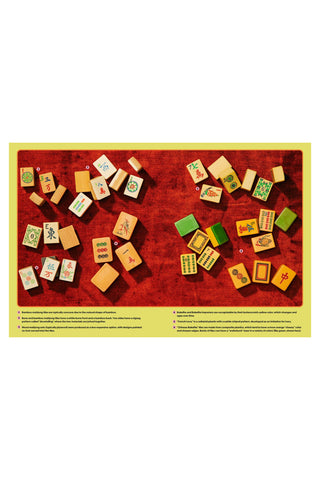 Wooden mahjong tiles on a red mat with text