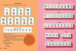 Educational book about Mahjong tiles with characters and numbers.