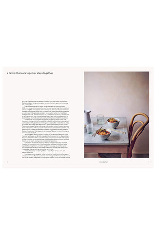 Kitchen scene with bowls on a counter next to a chair, text on the left side.