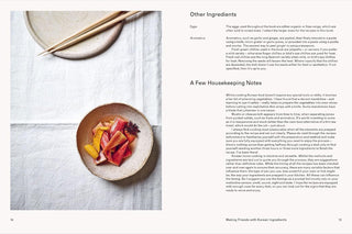 Page from a cookbook showing a bowl of fruit salad with text on ingredients and housekeeping notes.