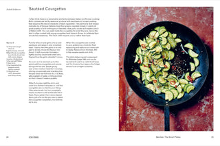 Sautéed Courgettes in a pan on a red surface with text on the left side.