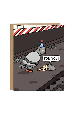 Cartoon pigeon with a birthday hat and pizza on a card