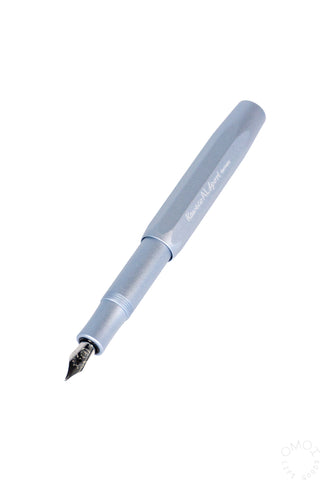 A light aluminum blue fountain pen with a silver nib on a white background