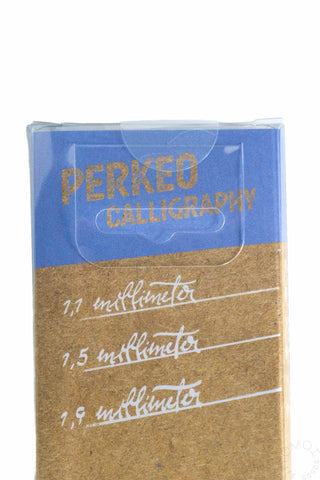 A close-up of a Perkeo Calligraphy nib package showing three available nib sizes