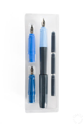 A three-piece fountain pen nib set in a with a dark gray and light blue pen body on a white background