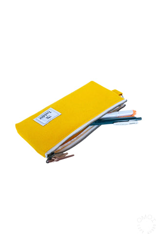 Luddite bright yellow pen case with two pens inside on a white background 