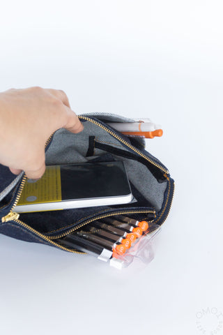 Hand opening medium denim Luddite pouch on a white background