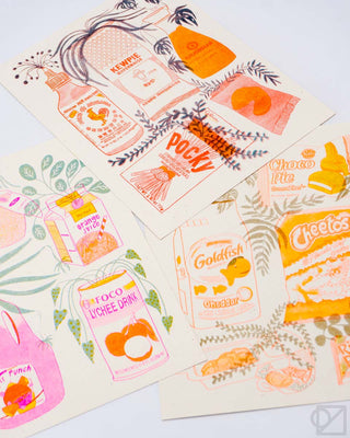 Colorful illustrations of various snack items on a white background