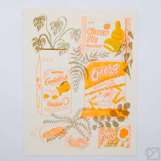 Illustrations of Goldfish, Cheetos, Choco Pie, and Ring Pop packaging on a light background with decorative elements.