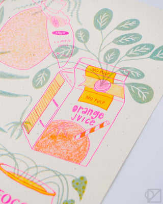 Illustration of orange juice packaging with oranges and leaves on a light background