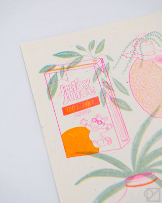 Illustration of a 'Juicy Juice' juice box on a light background