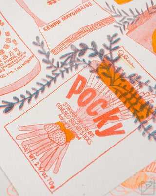 Close-up of an illustration of Pocky packaging with branding and product details.