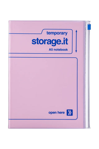 Pink A5 storage.it notebook on a white background