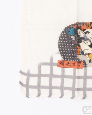Traditional kitchen towel with Japanese artwork with a grid pattern on a white background