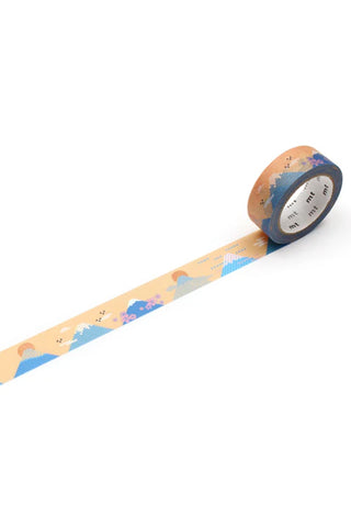 Washi tape with colorful Mt. Fuji and flowers on an orange background