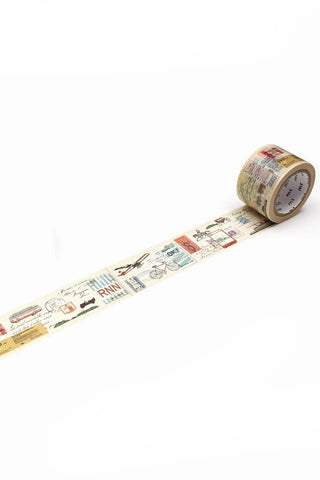 Washi tape with travel themed objects on a white background