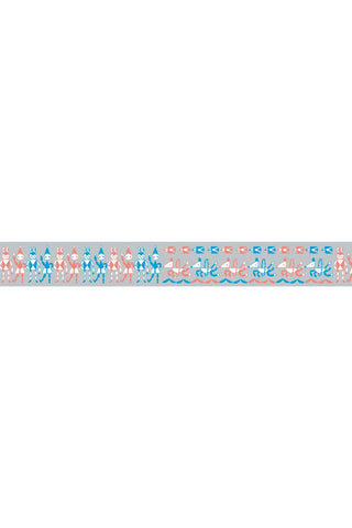 Decorative strip of animals wearing colorful outfits on a white background