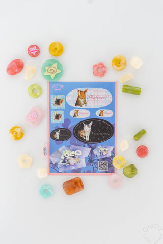 Photo cat stickers on a white background with colorful beads