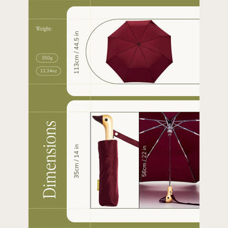 Maroon umbrella with dimensions and weight information on a green and white background