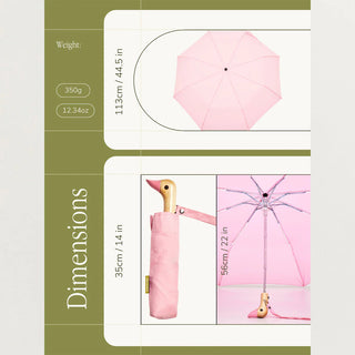 Pink umbrella with dimensions and weight information on a green and white background