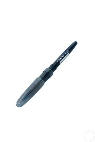 Blue ink refill marker with transparent barrel and pointed tip.